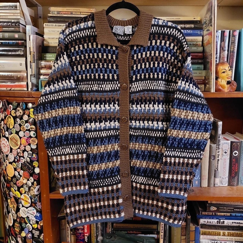 Vintage Russ Sport Blue Brown Chunky Knit Cardigan Sweater 90s Medium Large